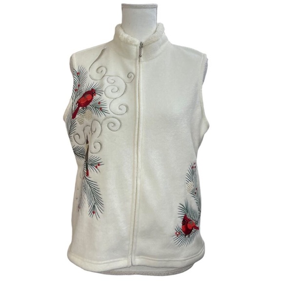 Croft & Barrow Womens Size Ps White Fleece Cardinal Embroidered Pockets holiday - Picture 2 of 4
